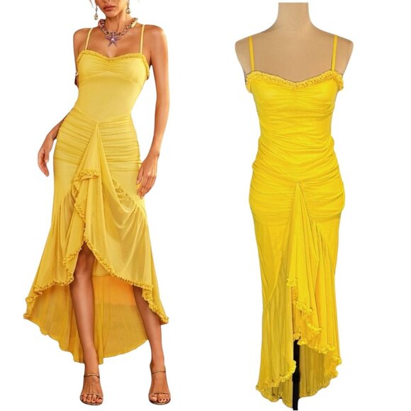 Asymmetrical Ruffle Maxi Dress Sz.S Yellow Mesh Stretchy Fairy Formal Flowy Y2K - Picture 1 of 11